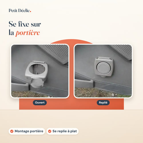 Porte-gobelet voiture pliant Petit Déclic, fixé sur la portière, ouvert et replié