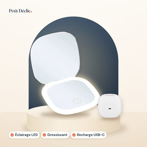 Miroir de poche LED Petit Déclic, miroir ouvert et allumé