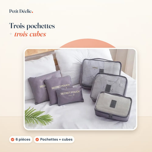 Organisateur de valise Petit Déclic, 3 pochettes et 3 cubes de rangement