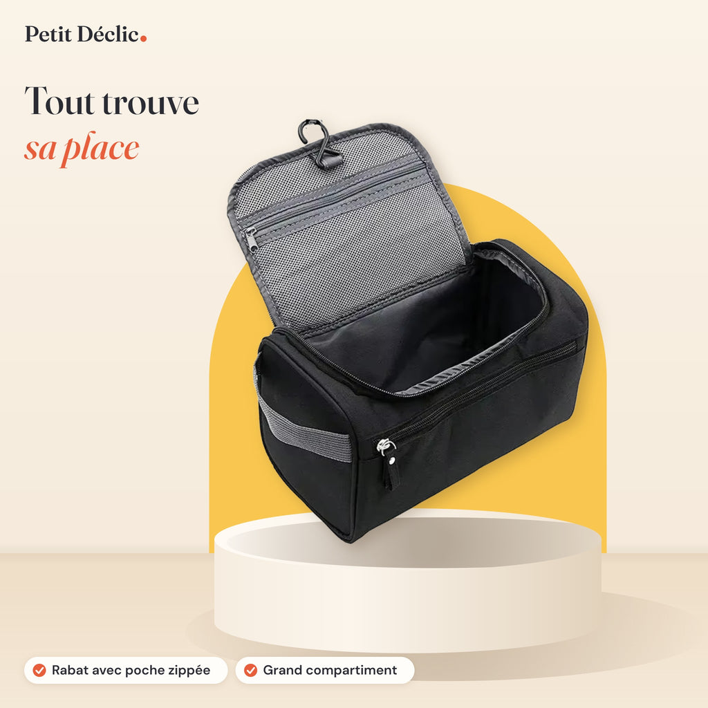 Trousse de toilette suspendue Petit Déclic — rabat avec poche zippée et grand compartiment
