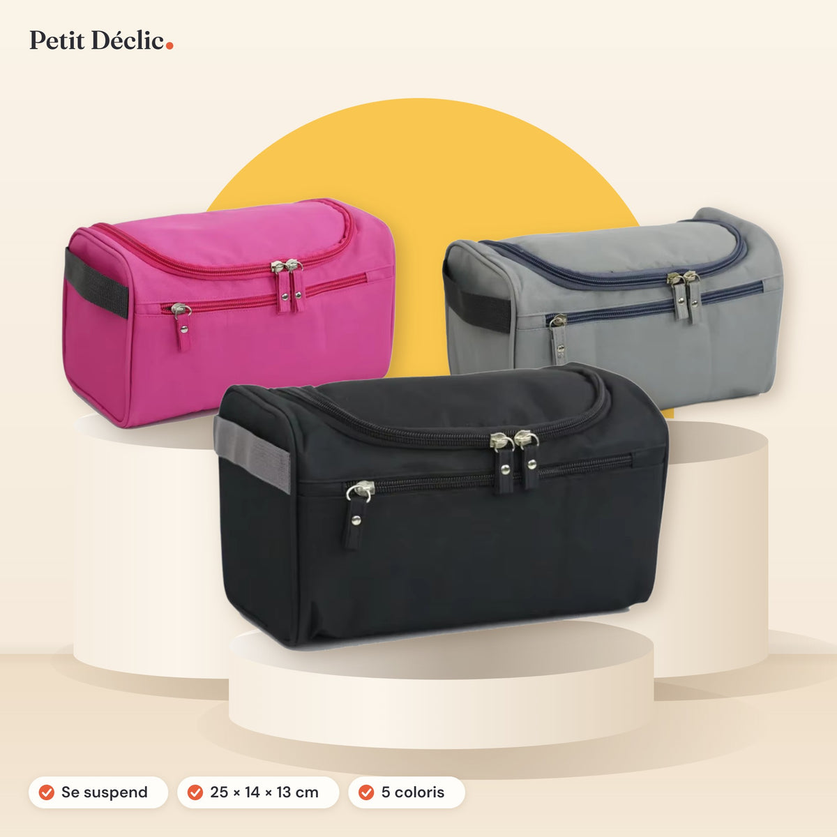 Trousse de toilette suspendue Petit Déclic — 5 coloris, se suspend par son crochet
