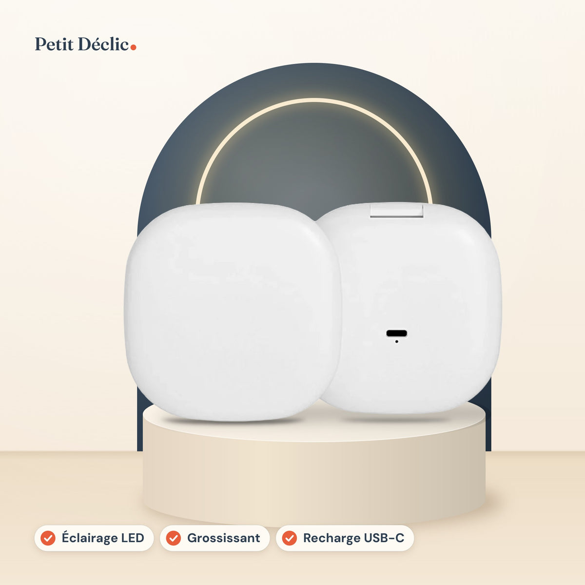 Miroir de poche LED rechargeable grossissant Petit Déclic, recharge USB-C